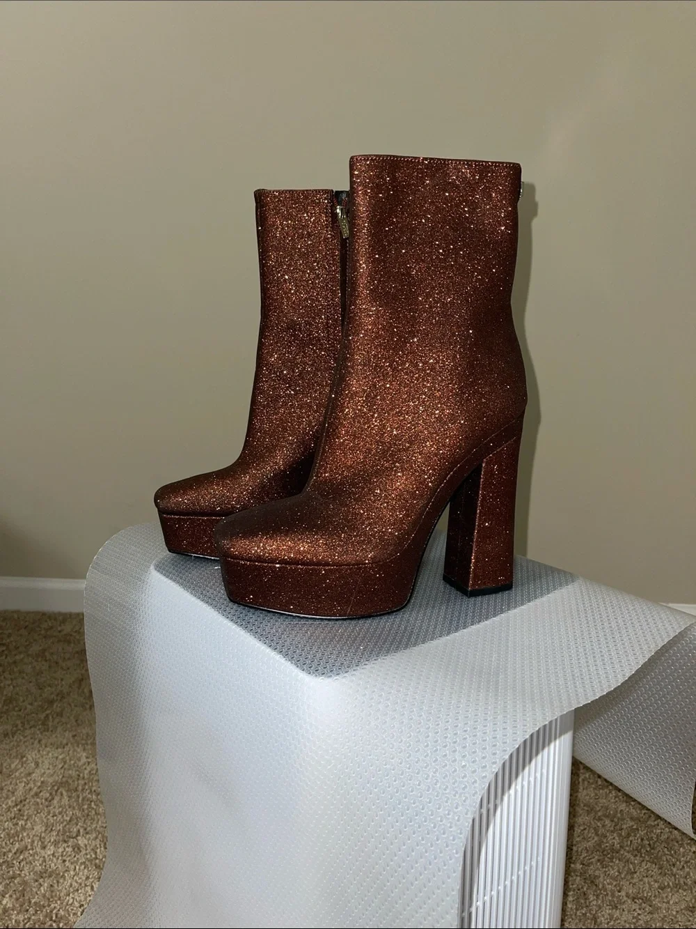 Guess Metallic Copper Glitter Platform Ankle Boots